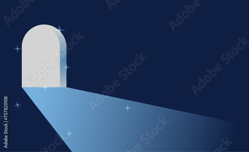 Dreamy arch shape door portal illustration. Aesthetic windows portal with stars and ight background.