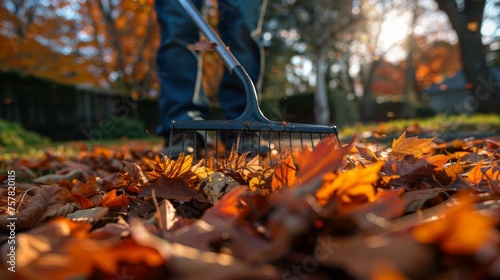 Raking Autumn Leaves Backyard