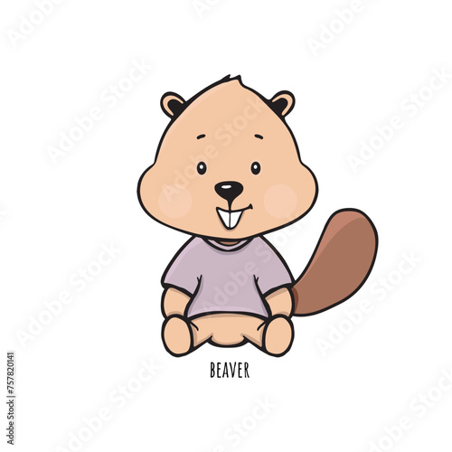 cute beaver sitting on white background vector children s illustration
