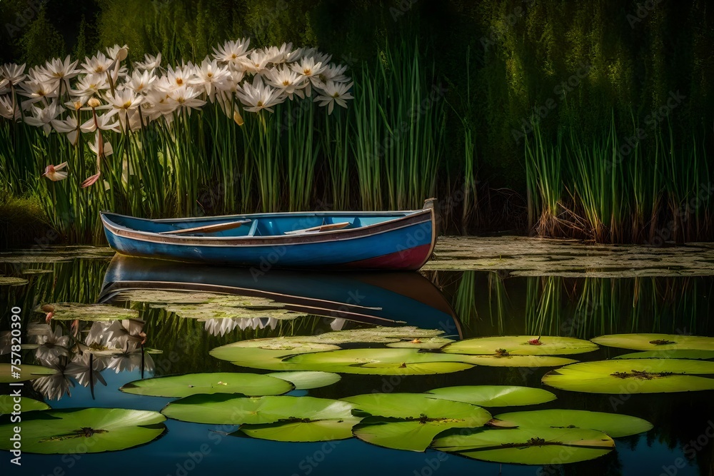 A peaceful riverbank with a rowboat anchored among water lilies