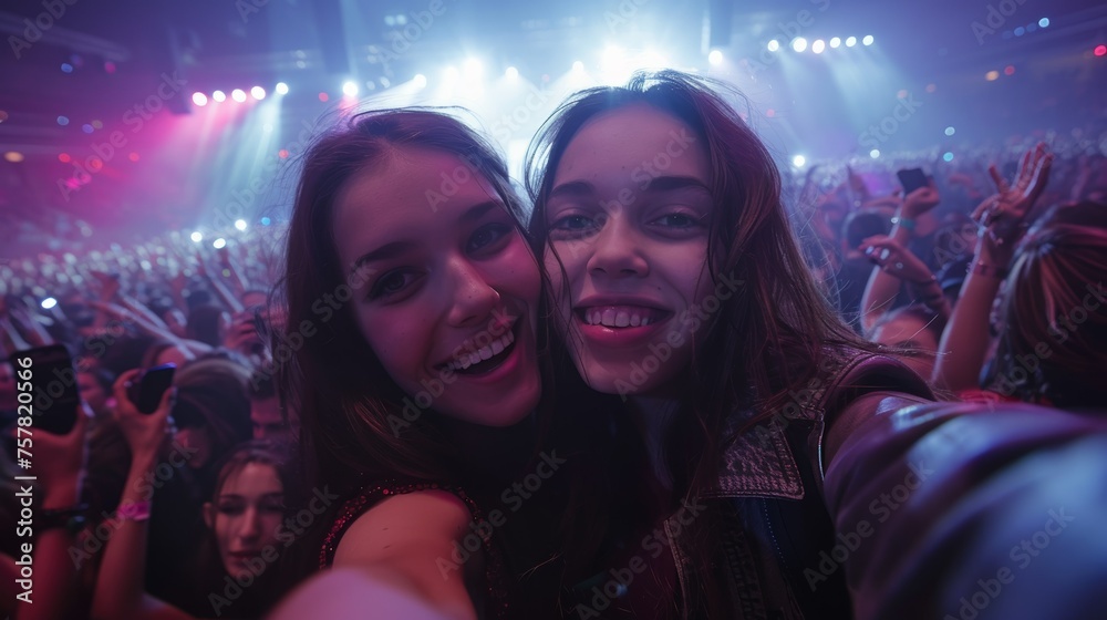 Young Women Selfie at Concert Indoor Arena Young Women Selfie at Concert Indoor Arena