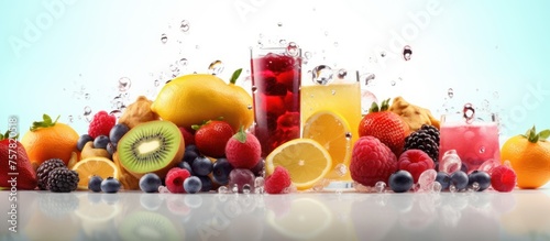 A table with a variety of fruit and drinks