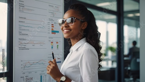 black girl in office, white board with statistic data backgroud, accountant, using sun glass, smart girl