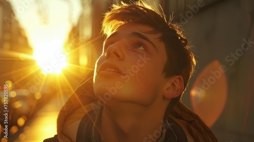 Young Man Looking Up in City Sunshine