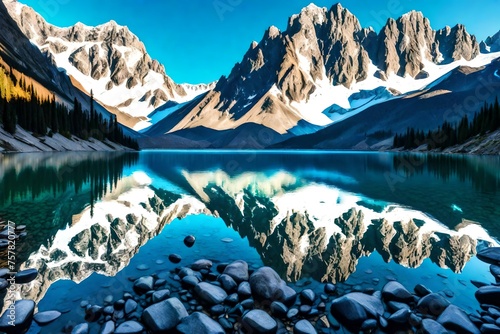 A surreal reflection of a mountain range in a crystal-clear lake  © MB Khan