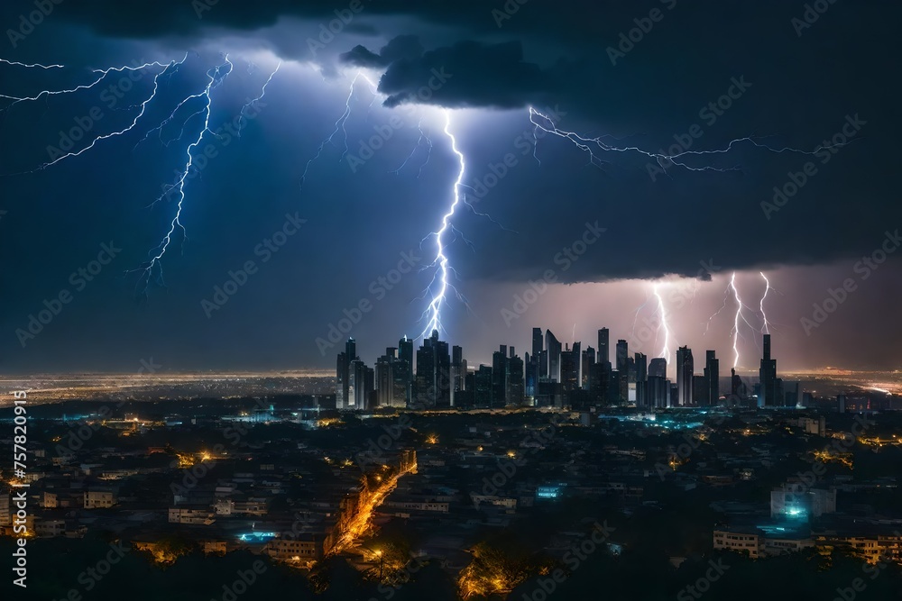 A dramatic lightning storm over a silhouetted city skyline 