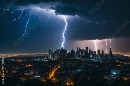 A dramatic lightning storm over a silhouetted city skyline 