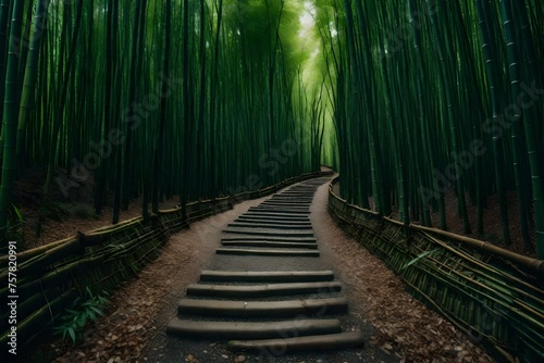 A pebble-strewn walkway leading through a dense bamboo grove.