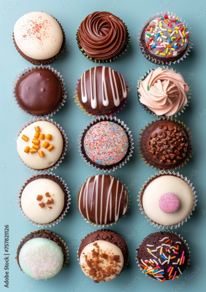 Group of assorted cupcakes topped with frosting, icing. Isolated on blue background. 