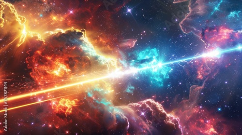 Spaceship engaging in an interstellar battle with dynamic laser beams in a nebula setting