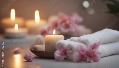 view of spa setting with a lit candle fluffy towels and fragrant flowers promotes relaxation