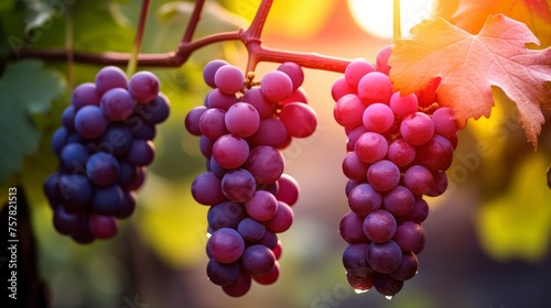 Detailed close up of a ripe grapes branch hanging in a vineyard, captured in macro view