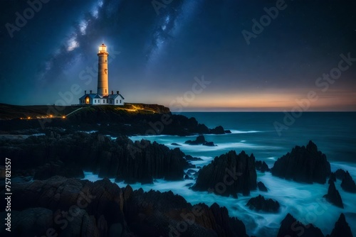 A lovely lighthouse at the edge of a rocky coastline under the stars. 