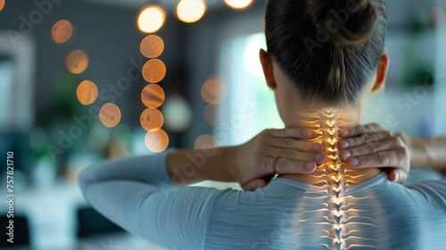 Woman suffering from pain in back. Digital composite of highlighted female spine with backache at home. Concept of osteochondrosis, scoliosis, osteoarthriti. photo