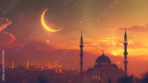 A silhouette of a mosque set against a stunning sunset sky, a serene Islamic Ramadan backdrop