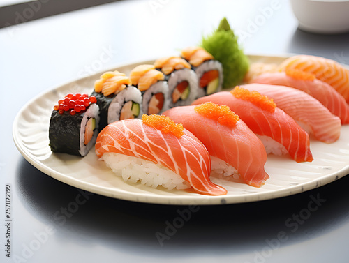 Vibrant sushi assortment on a plate, colorful culinary delight, blurry background 