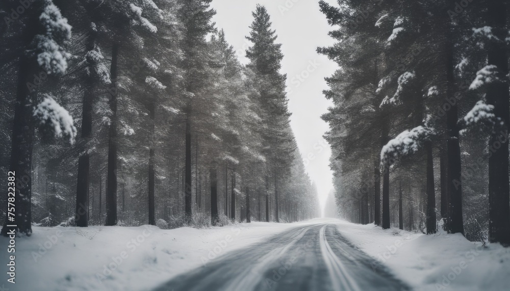 Obraz premium Wide shot of a road fully covered by snow with pine trees on both sides