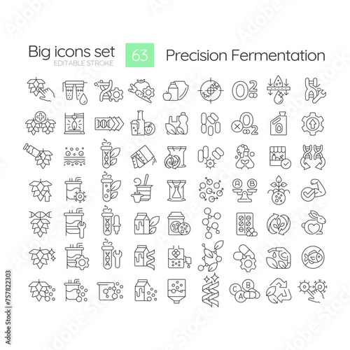 Precision fermentation linear icons set. Dna recombination, bioprocesses. Genetic modification. Crop improvement. Customizable thin line symbols. Isolated vector outline illustrations. Editable stroke