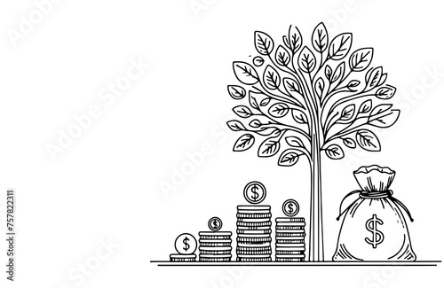 A small tree sprouts growing in stacking coin and money bag, financial goal business doodle concept vector illustration