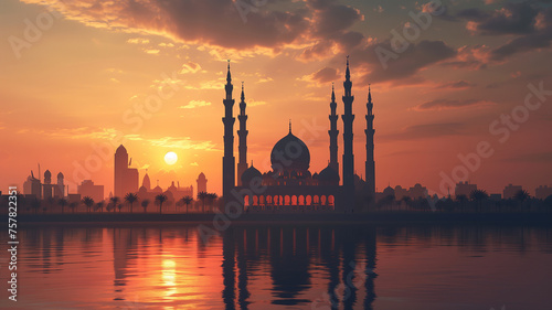 A silhouette of a mosque against a beautiful sunset sky, a serene islamic ramadan background © Kafka