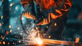 Industrial worker working with arc welding machine to weld steel in factory