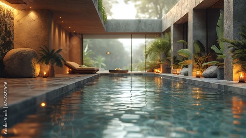 3 d illustration of a modern swimming pool with a modern house © therealnodeshaper