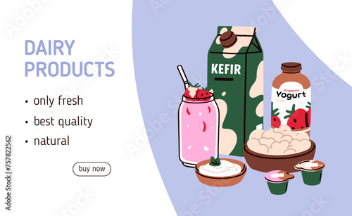 Dairy products, milk produce, web-site page background. Webpage design, onlin...