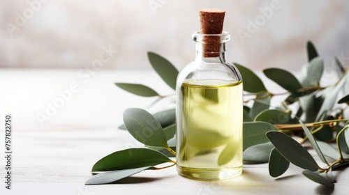 A bottle of eucalyptus essential oil, twigs of plants on a light background, a place for text. © Cherkasova Alie