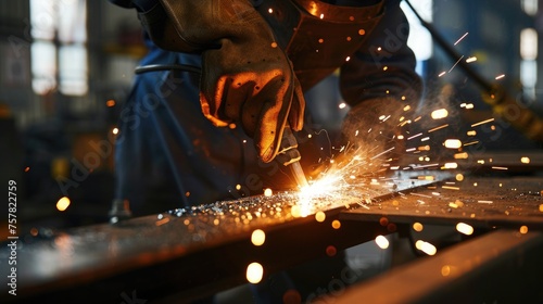 Industrial worker working with arc welding machine to weld steel in factory