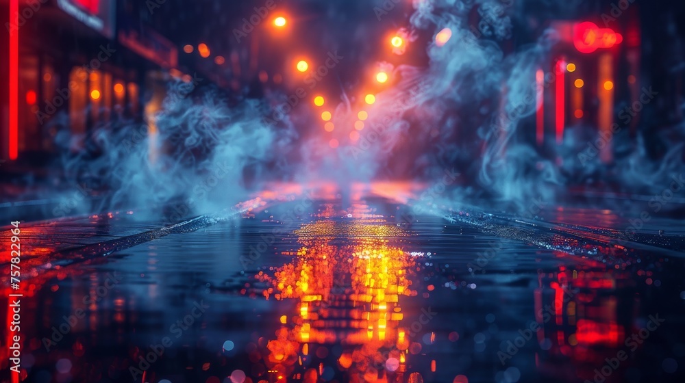 Asphalt with moisture, neon lights reflecting, a searchlight, smoke. Abstract light on a dark empty street with smoke and smog. Dark background scene of an empty street at night.