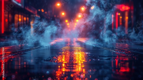 Asphalt with moisture, neon lights reflecting, a searchlight, smoke. Abstract light on a dark empty street with smoke and smog. Dark background scene of an empty street at night.