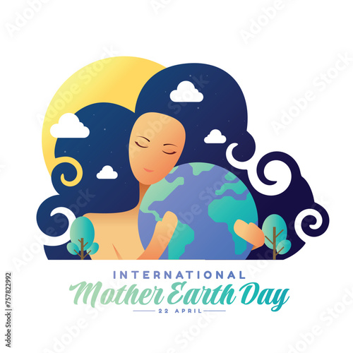 International mother earth day - abstract mother woman long curve hair hold hug earth with trees and night sky around vector design