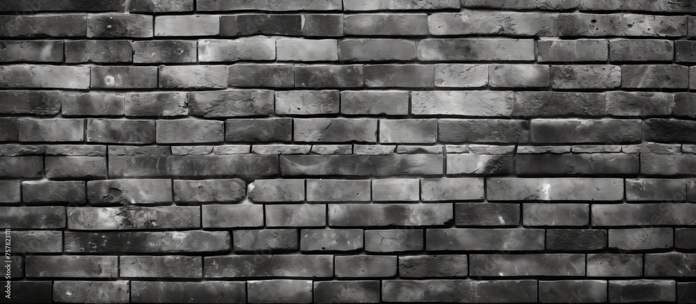 A monochrome photo capturing the intricate pattern of a grey brick wall made of rectangular bricks, showcasing the beauty of brickwork as a composite material