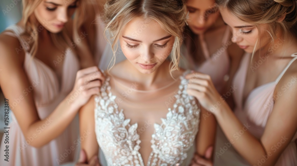 Bride with bridesmaids adjusting wedding dress. Bride with bridesmaids adjusting wedding dress.