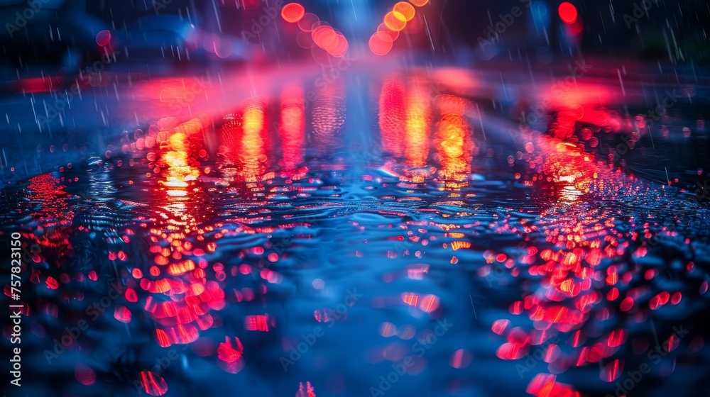 Night view of the city and rays of light reflecting on wet asphalt. Abstract dark blue background and rays of light falling on wet asphalt.