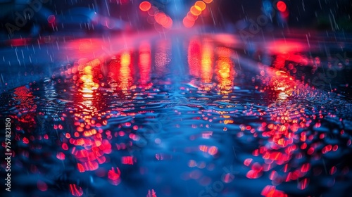 Night view of the city and rays of light reflecting on wet asphalt. Abstract dark blue background and rays of light falling on wet asphalt. © VIK