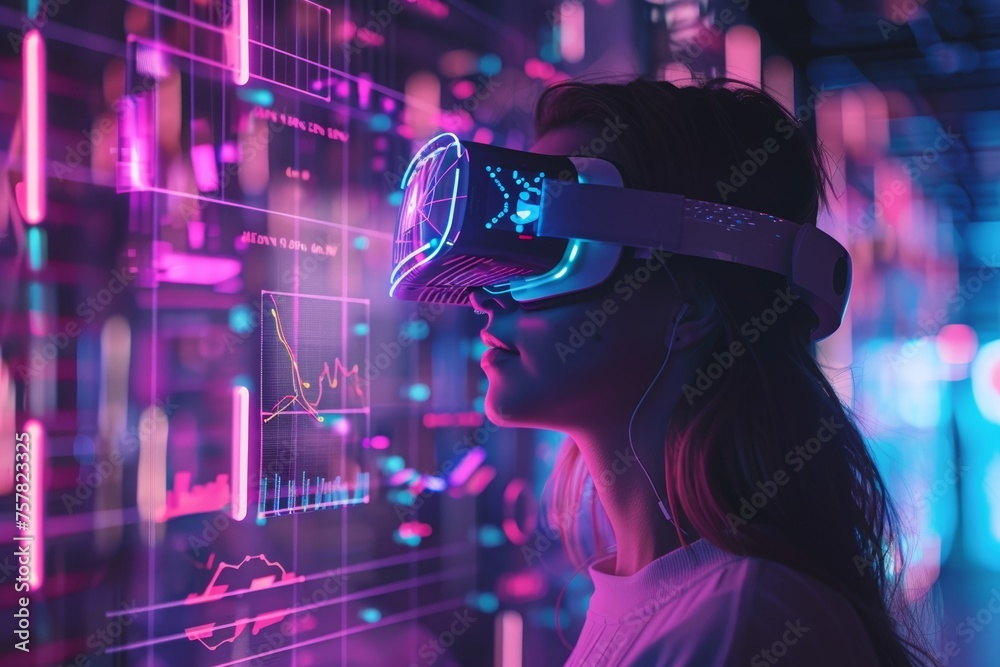 Woman in VR glasses using data visualization technology in the virtual reality - VR headset, big data, cyberspace Woman in VR glasses using data visualization technology in the virtual reality - VR headset, big data, cyberspace