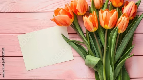 Wallpaper Mural Orange tulips with blank white card on yellow wooden background. Torontodigital.ca