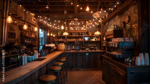 Inviting Coffee Shop Bar with Vintage Machine and Warm Lighting Creating a Cozy Atmosphere