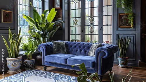 Luxurious English Living Room with Periwinkle Velvet Sofa and Stained Glass Windows, Exuding an Elegant Atmosphere photo