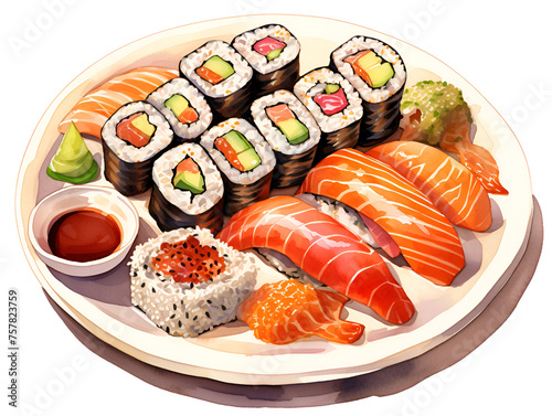 Watercolor illustration of a plate with different sushi, white background 