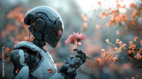 High-tech humanoid robot with intricate design holds a pink flowers delicately, surrounded by a blurred floral background © Roman Korneev