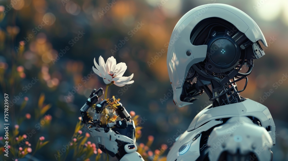 White robotic figure gently holding a delicate white flower, with a soft-focus background of autumnal flora