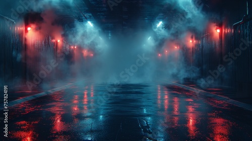 In the following images, you will find a dark street, wet asphalt, rays reflected in the water, smoke, smog, neon lights, spotlights, a concrete floor, and an abstract dark blue background. © VIK