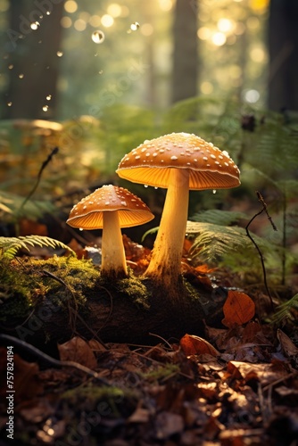 Wild mushrooms with orange caps in autumn forest.