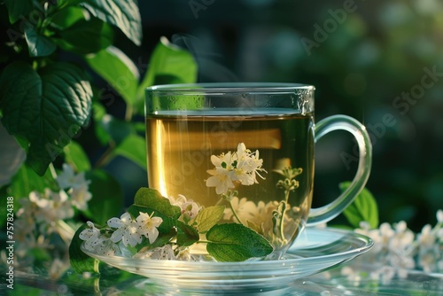 Transparent cup of herbal tea with elderflowers on a reflective surface with soft shadows