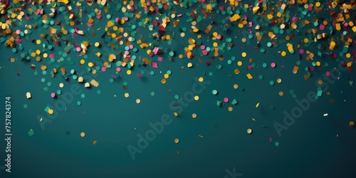 Multicolored confetti particles on a dark gradient background. Festive background concept for design and print.