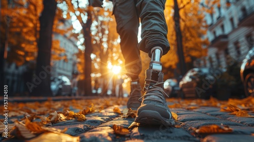 The picture shows a disabled young man walking along the street with a prosthetic leg from a low angle. © Niko
