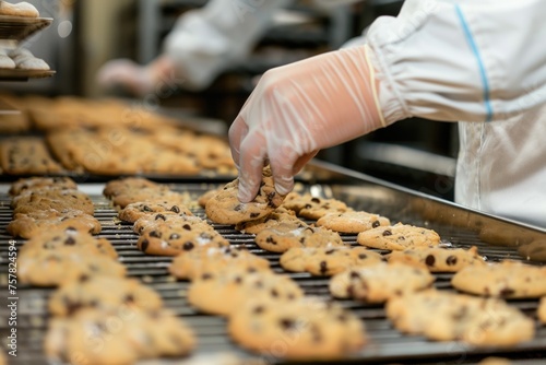 Industrial baking of cookies with professional kitchen equipment.
