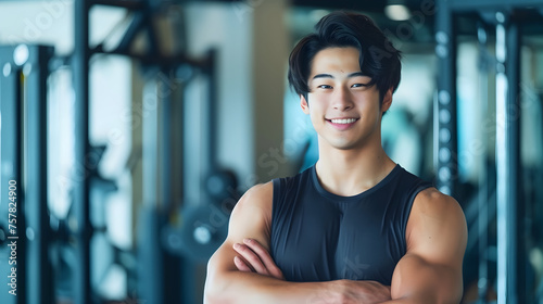 Japanese Male Personal Trainer Smiling with Gym Background © Terry A.I. Gallery
